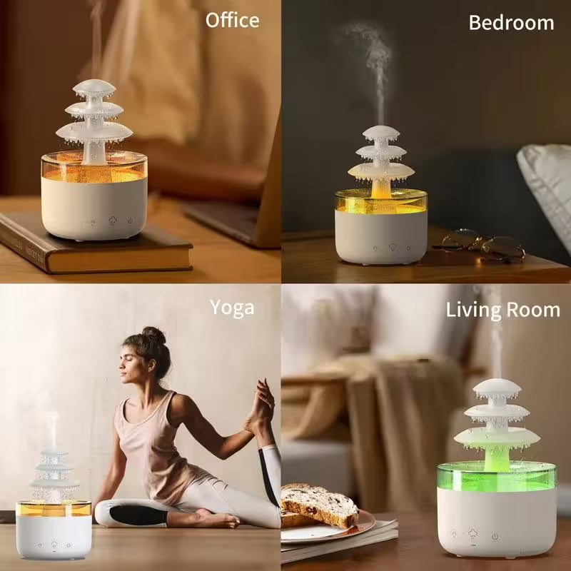 Diffuser in various settings including office, bedroom, yoga, and living room.