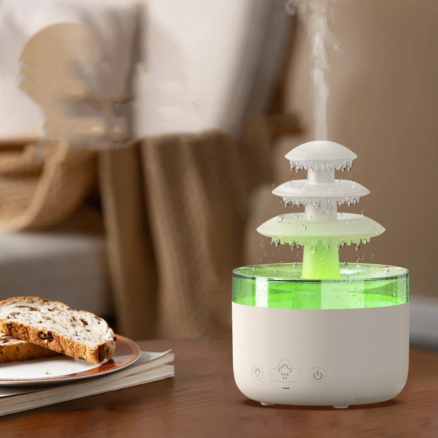 Humidifier on a table with bread slices in the background