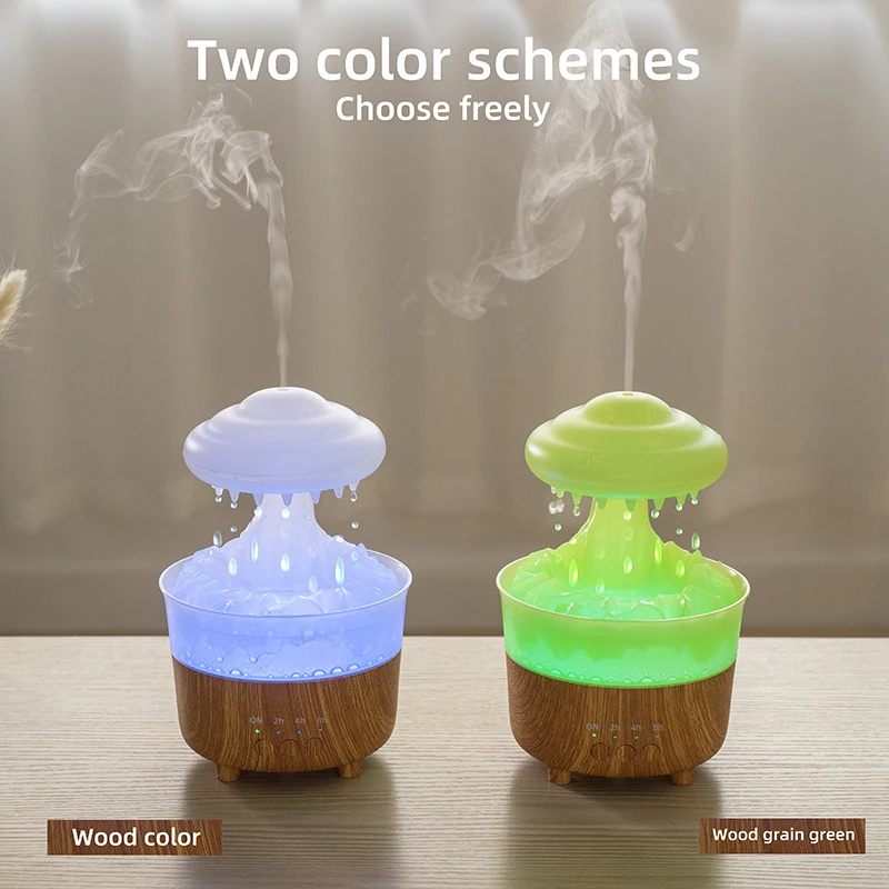 Two diffusers with cloud-shaped top and wooden base on a neutral background.