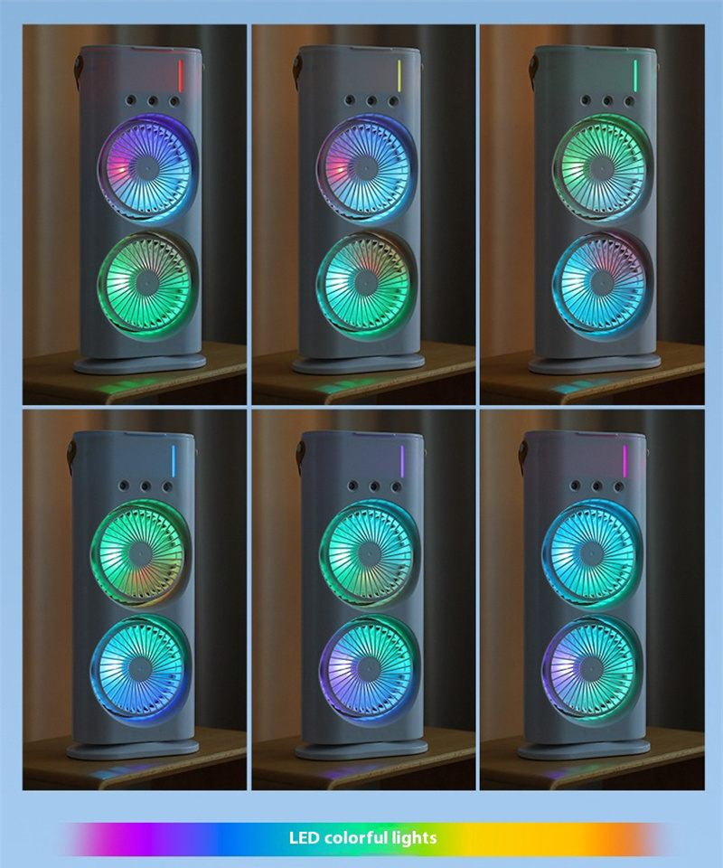 Multicolored LED lights on a fan with a blue border