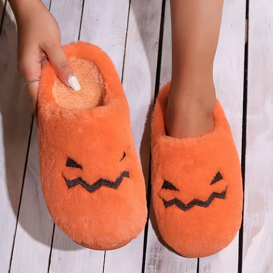 Cute Halloween Slippers For Women | Fuzzy Orange Pumpkin Slides