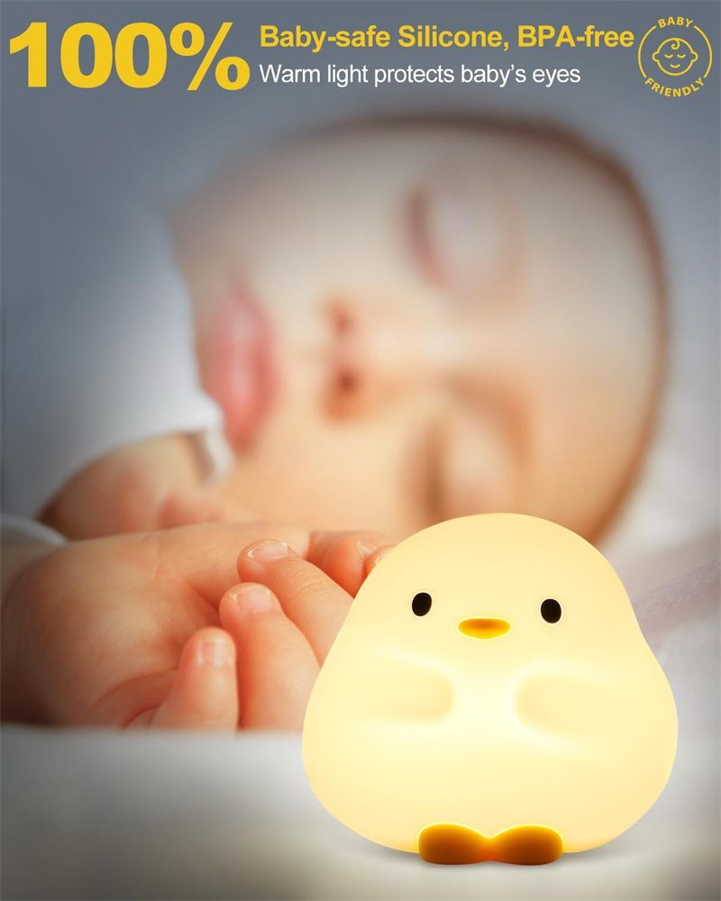 Baby night light shaped like a chick with text about being baby-safe and BPA-free.