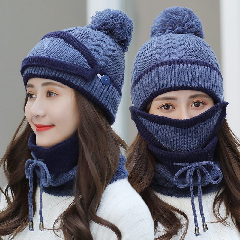 Two views of a person wearing a blue knit hat and scarf set with pom-poms.