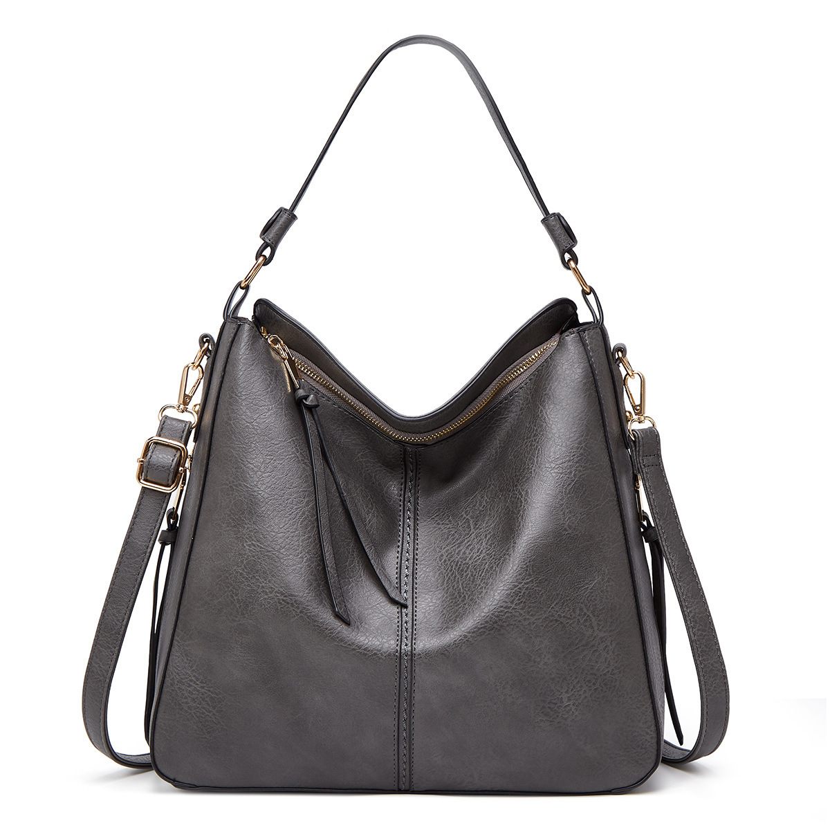 Gray shoulder bag with gold accents on a white background