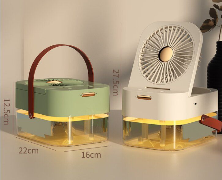 Two portable fans with dimensions displayed on a neutral background