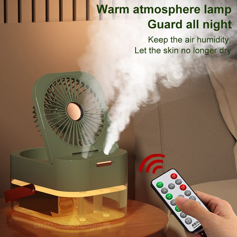 Green humidifier emitting mist with a remote control on a wooden table.