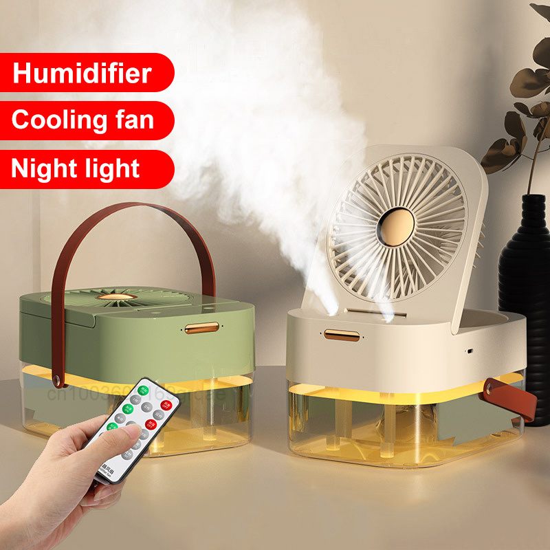 Multifunctional device with humidifier, cooling fan, and night light features on a neutral background.