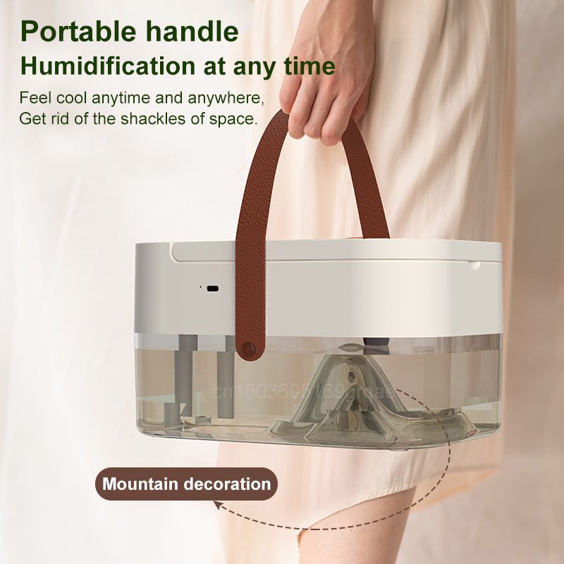 Portable humidifier with a brown handle held by a person, featuring text about its portability and convenience.