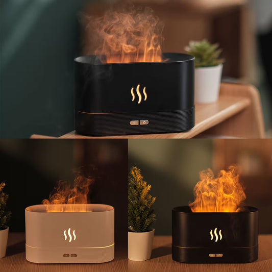 Black and beige cylindrical devices with flame effect on a wooden surface.