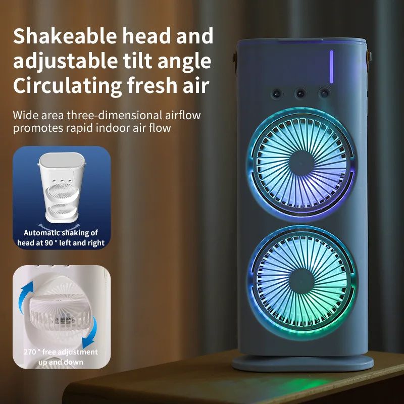 Air circulation device with blue and green lights on a wooden surface, featuring text about shakeable head and adjustable tilt angle.