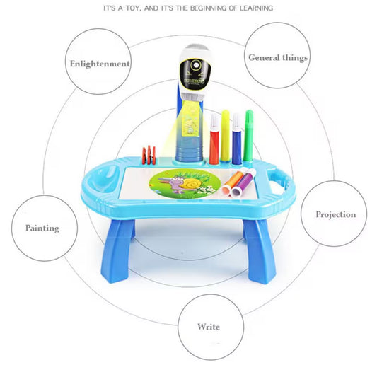 Children's art table with various art supplies on a white background