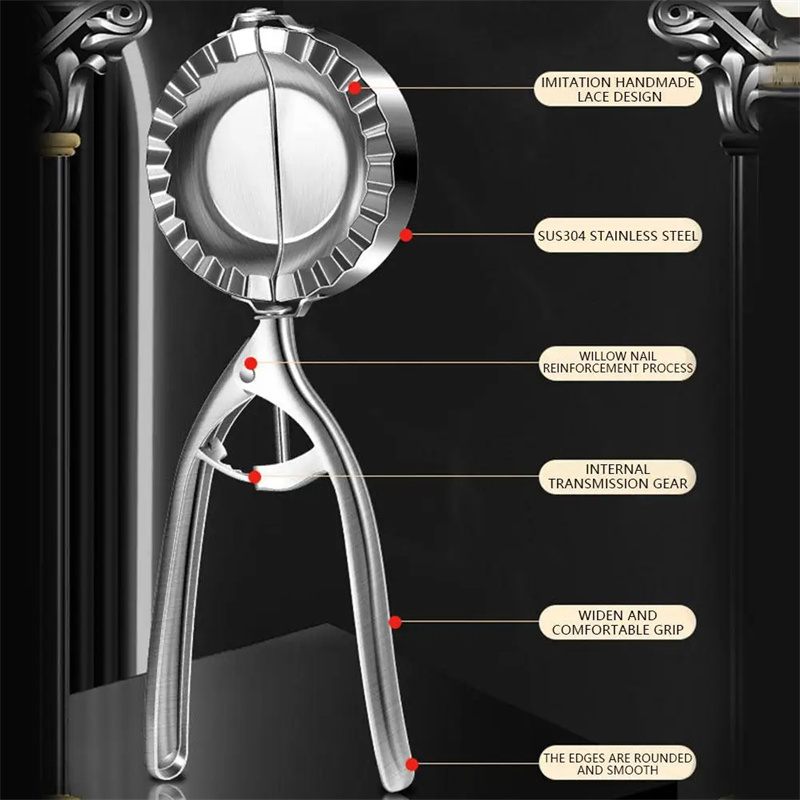 Metallic kitchen tool with features highlighted on a black background
