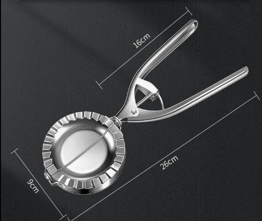 Metallic dough press with dimensions on a black background