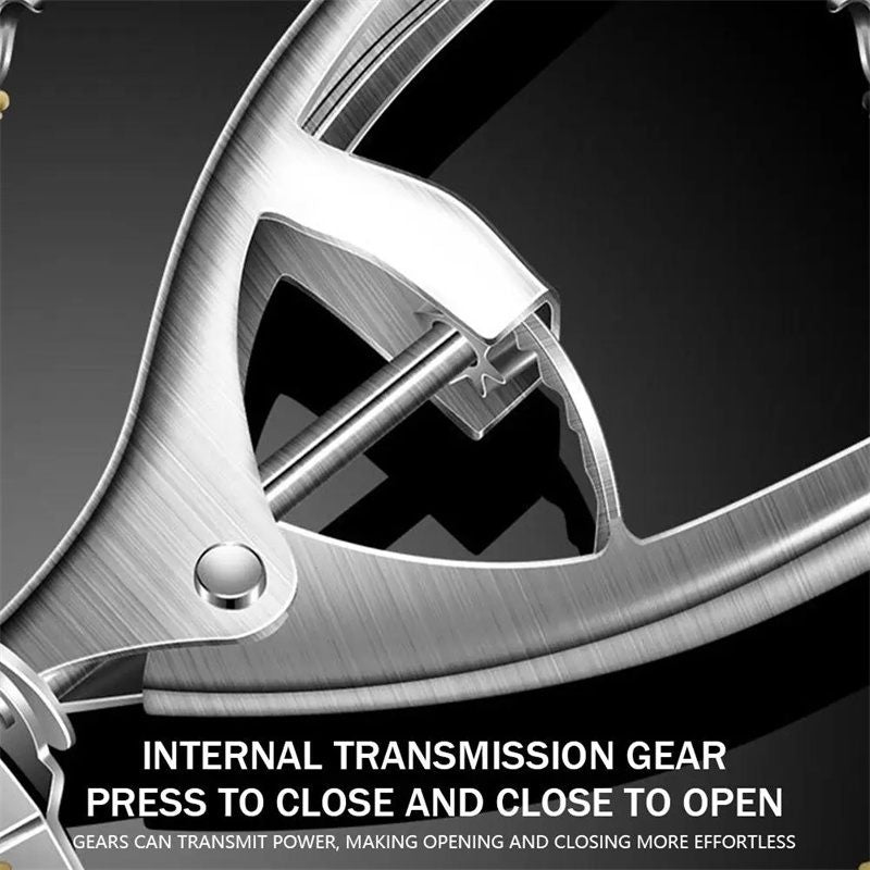 Close-up of a mechanical gear system with text on a dark background