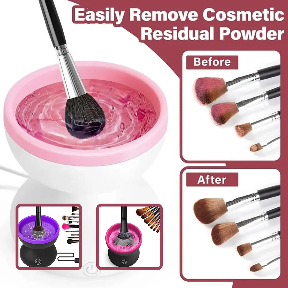Makeup brush cleaning station with pink basin and brush, before and after cleaning images.