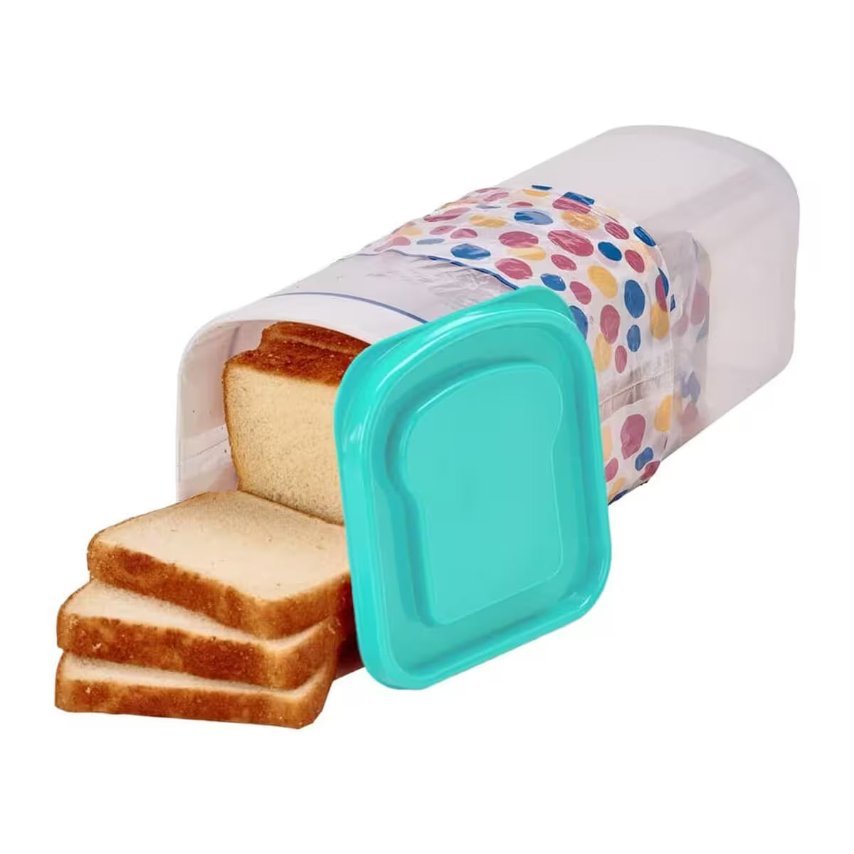 Bread slices with a colorful wrap and teal lid on a white background