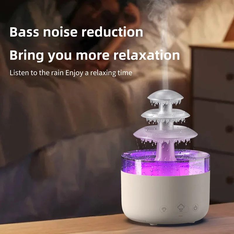 Humidifier with purple light on a table, text about bass noise reduction and relaxation.