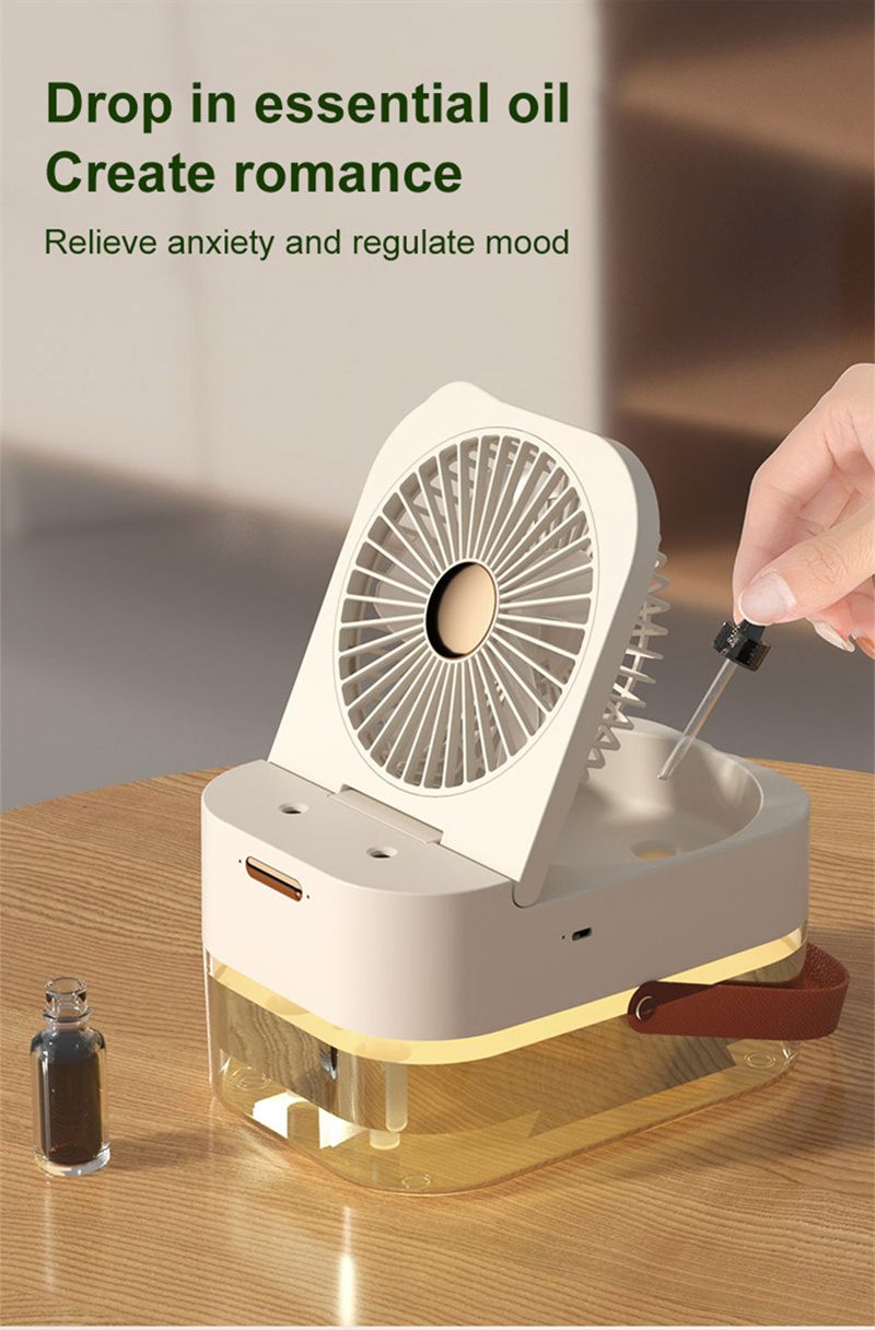 Essential oil diffuser with a hand adding oil, text about creating romance and relieving anxiety.