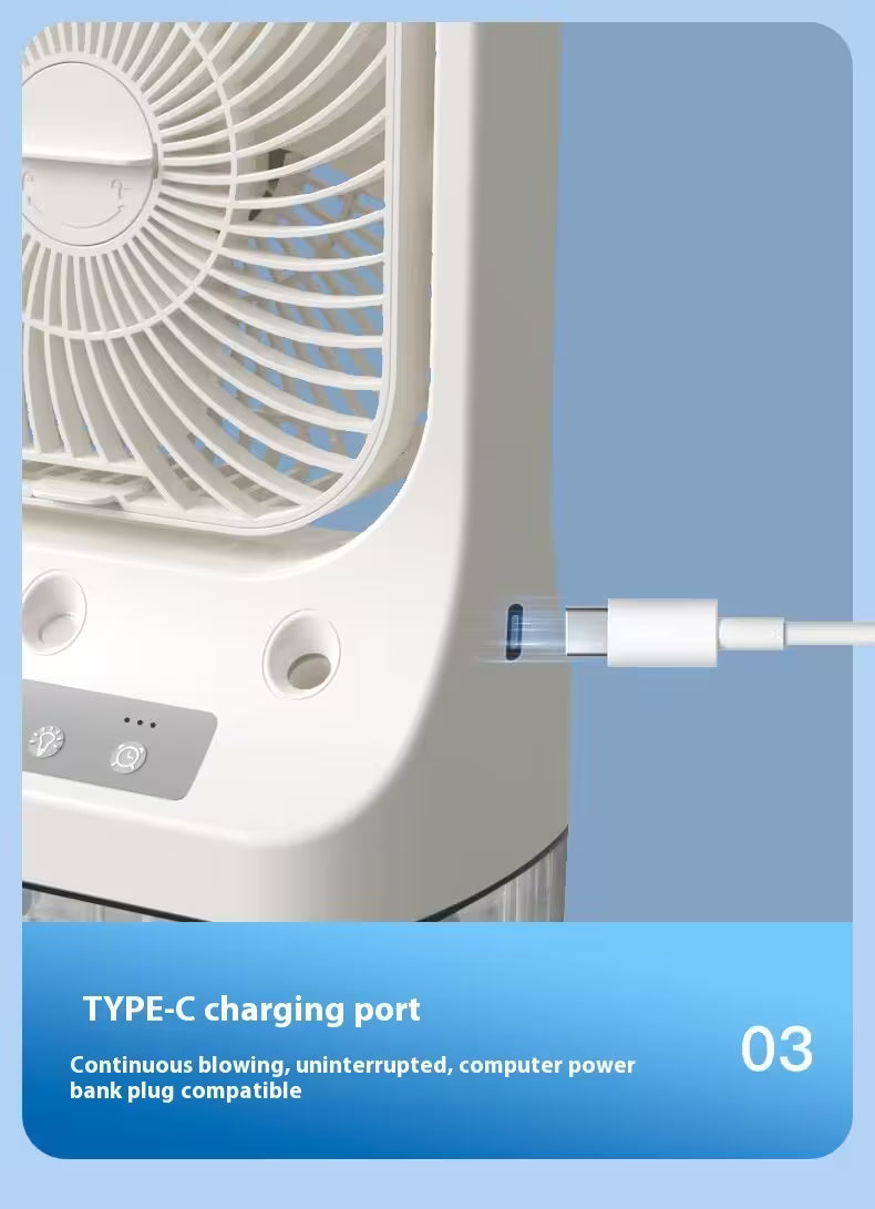 White fan with TYPE-C charging port on a blue background