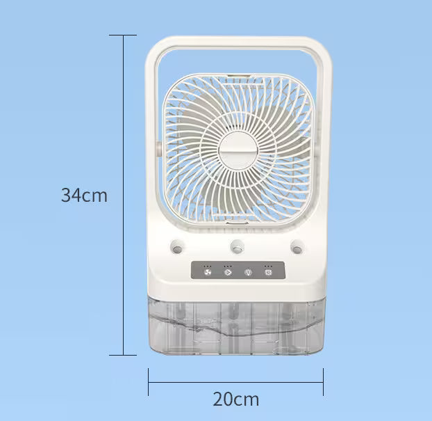 Portable fan with dimensions labeled on a blue background