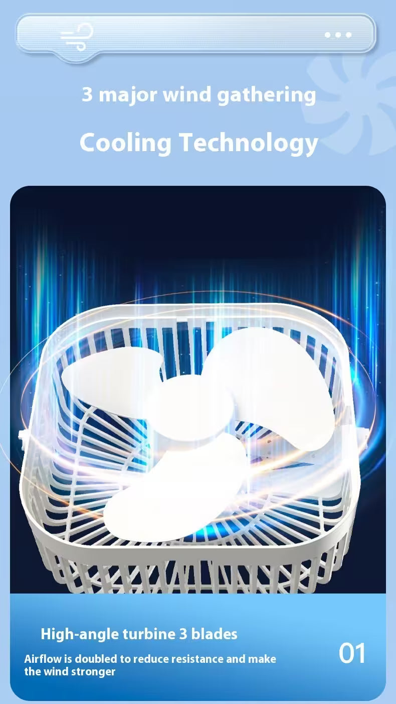 Fan with high-angle turbine blades on a blue background, featuring text about wind gathering cooling technology.