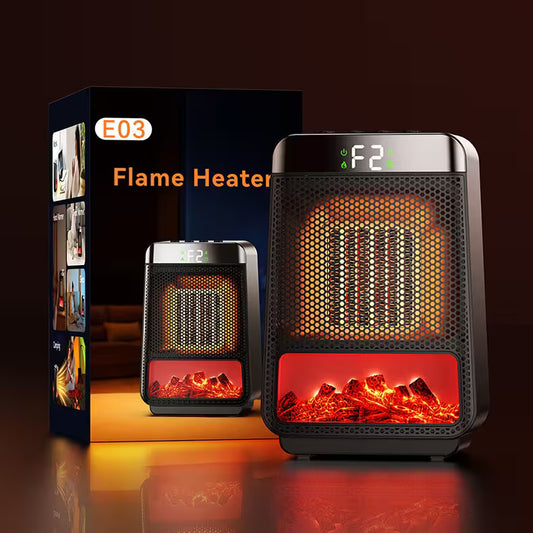 Flame heater with glowing interior and packaging displaying 'E03 Flame Heater' on a dark background.