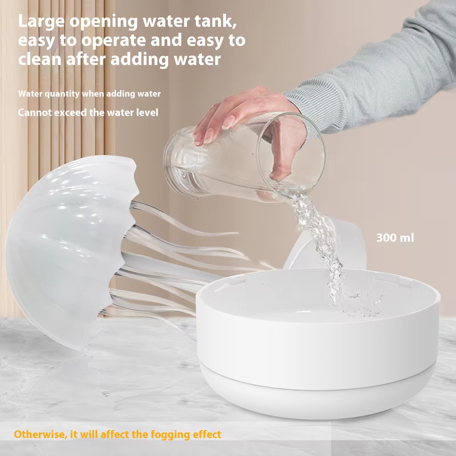 Person pouring water into a white water tank with text on its use and features.