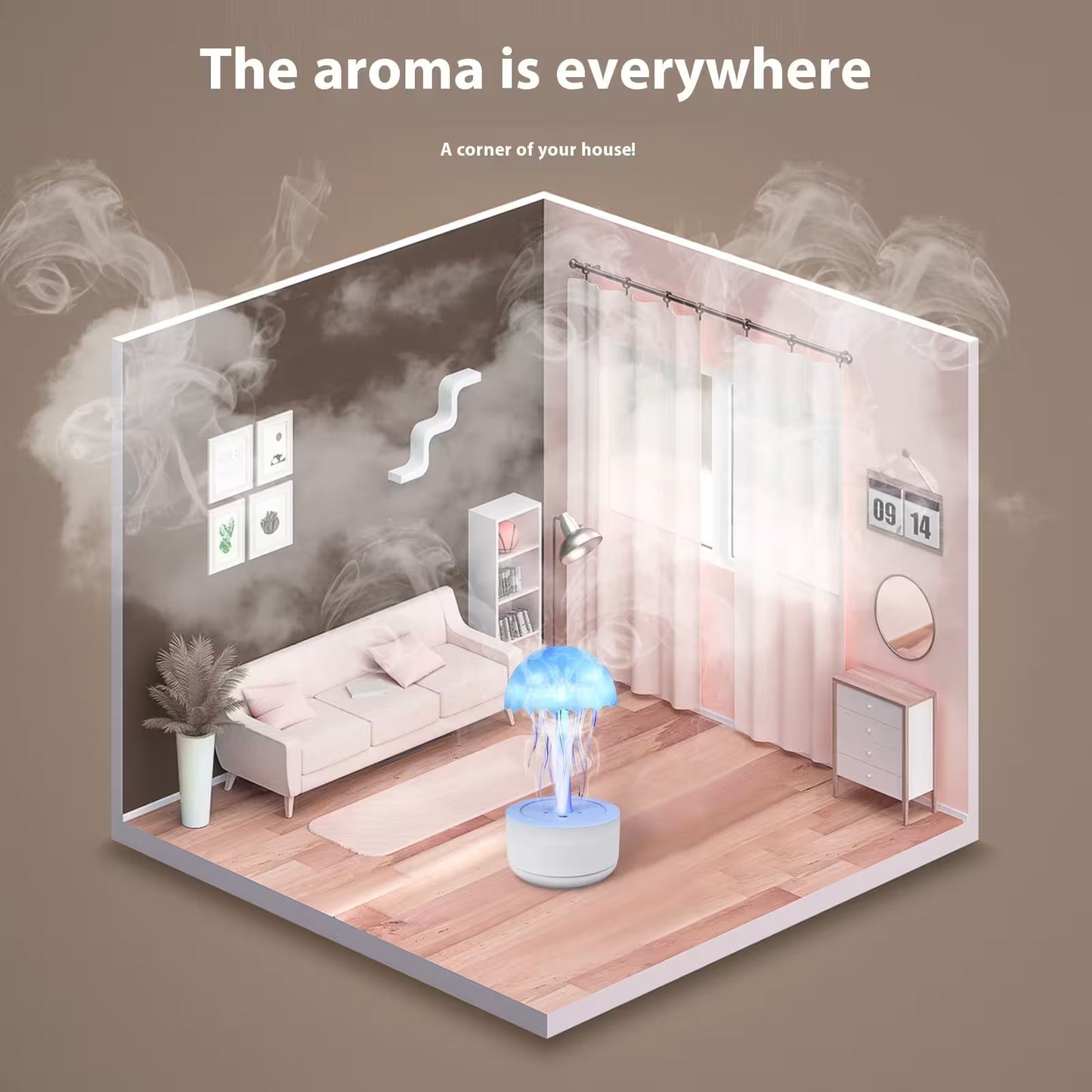 Room with a diffuser emitting mist, labeled 'The aroma is everywhere', on a brown background.