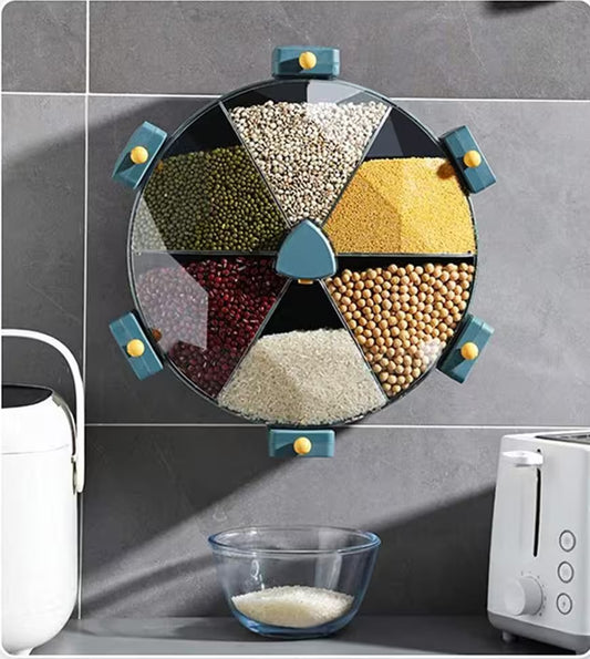 Multicolored grain divider on a kitchen counter with a glass bowl containing grains.