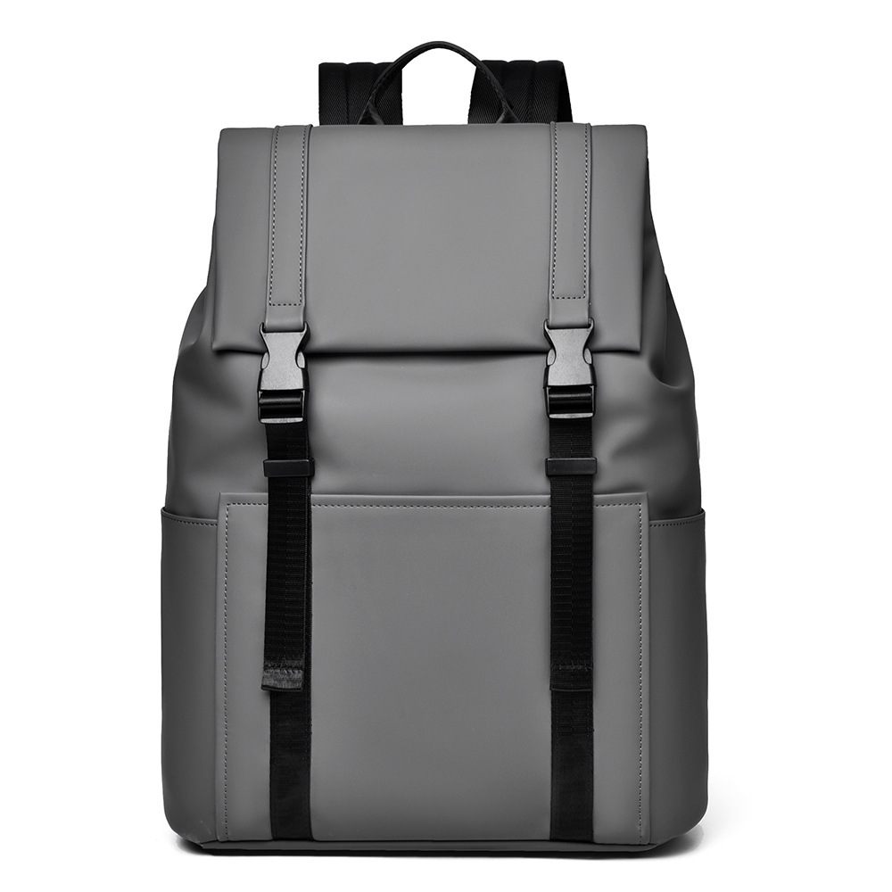 Gray backpack with black straps on a white background