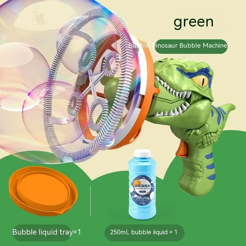 Green dinosaur bubble machine with bubble liquid tray and bottle on a green background