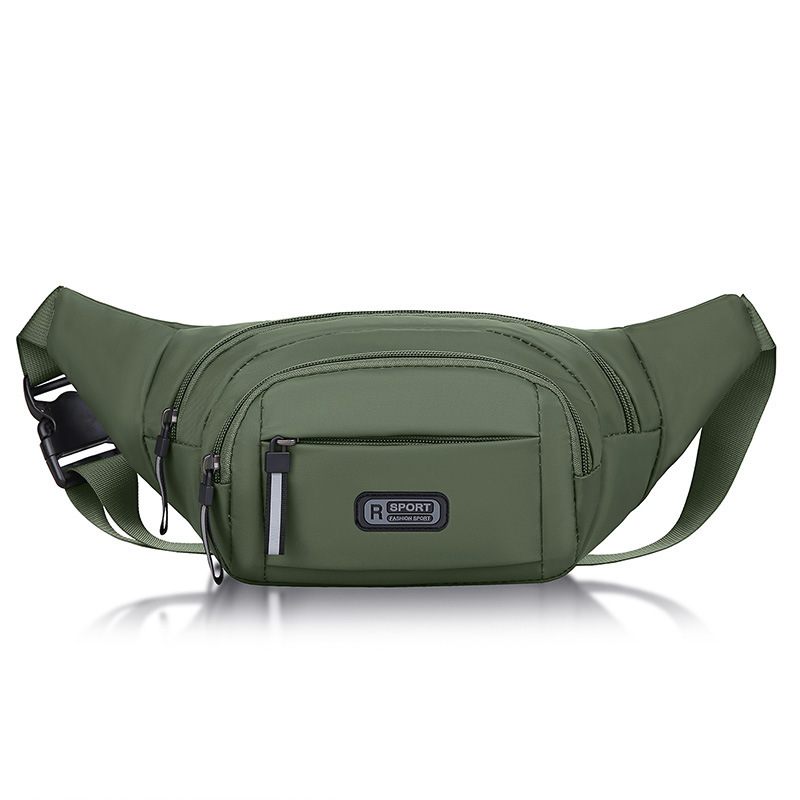 Green waist bag with multiple pockets and a visible brand logo on a white background