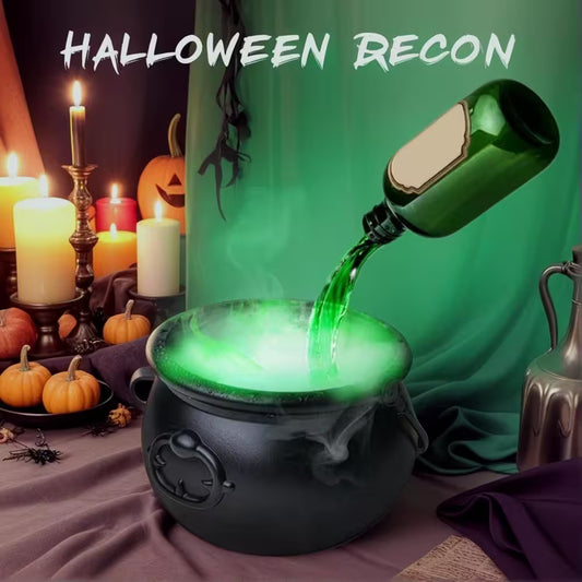 Halloween-themed scene with green liquid being poured into a black cauldron, surrounded by candles and pumpkins.