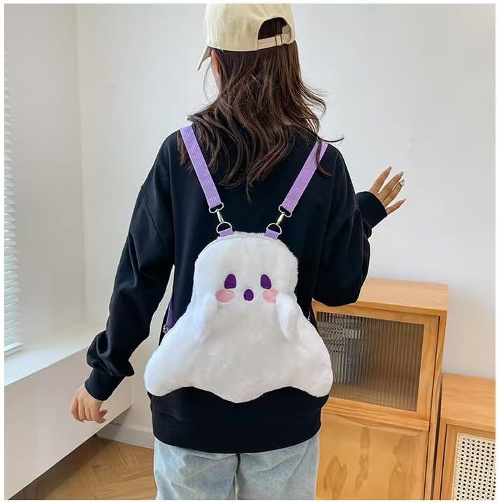 Person wearing a black hoodie with a plush ghost backpack in a room.