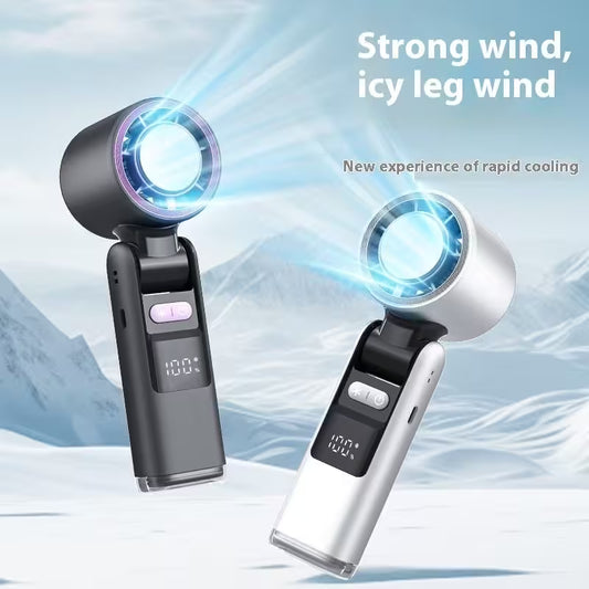 Two handheld fans with digital displays on a snowy background, labeled 'Strong wind, icy leg wind'.