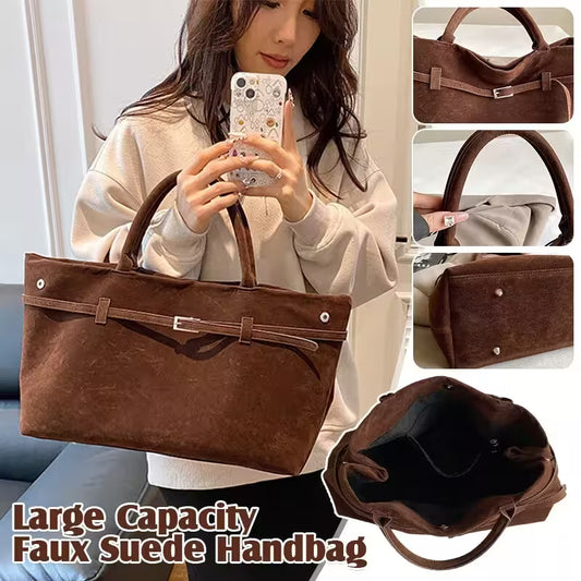 Woman holding a brown faux suede handbag with close-up details, text 'Large Capacity Faux Suede Handbag'.