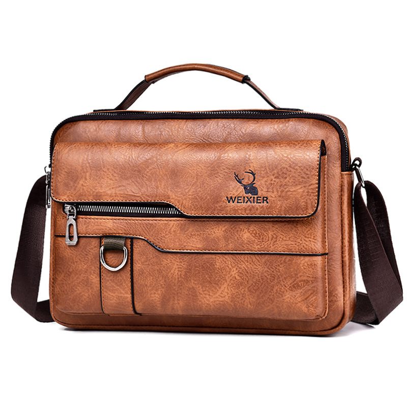 Brown leather briefcase with shoulder strap on a white background, featuring the brand 'WEIXIER'.