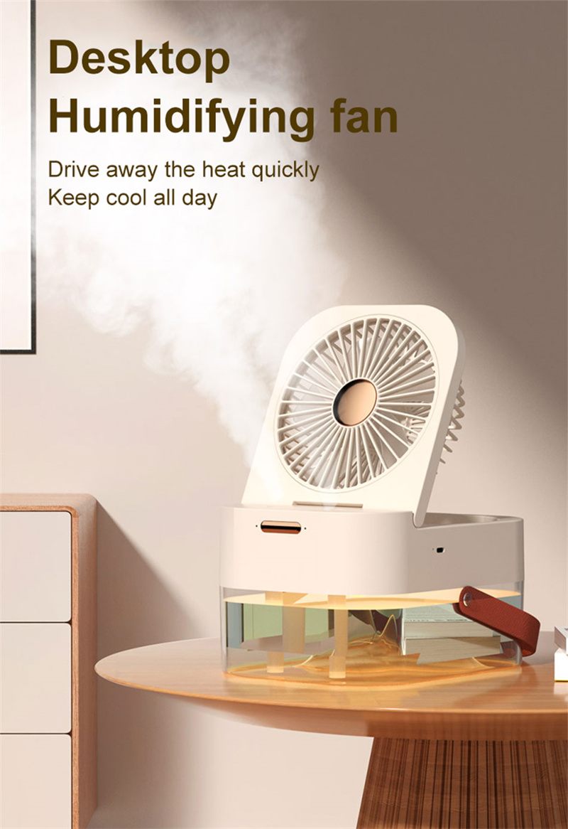 Desktop humidifying fan on a wooden surface with text about quick cooling.