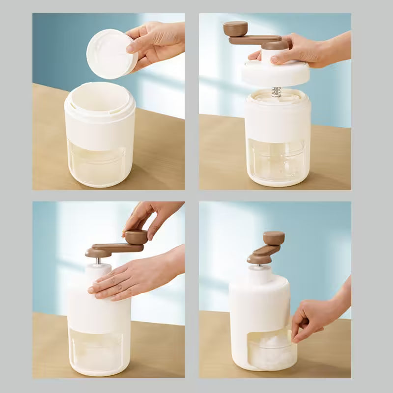 Step-by-step assembly of a kitchen appliance with hands performing each action.