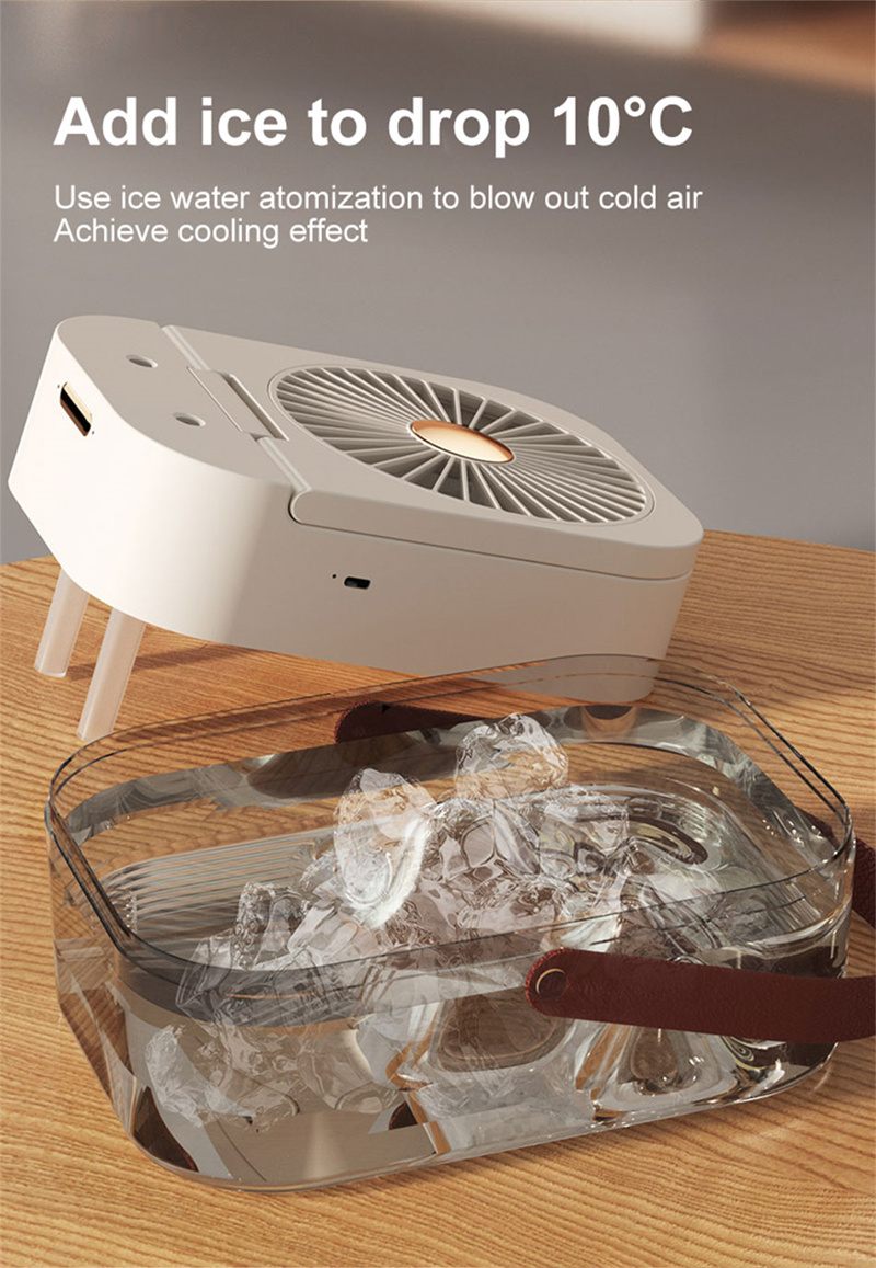 Portable air cooler with ice water atomization on a wooden surface