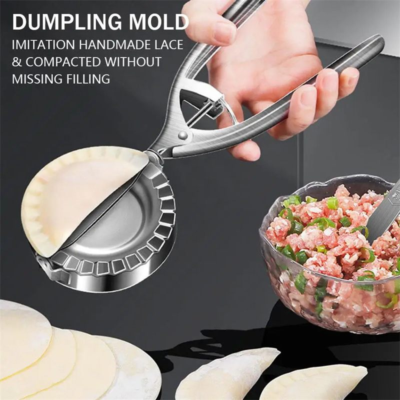 Dumpling mold being used to make dumplings with a bowl of filling in the background.