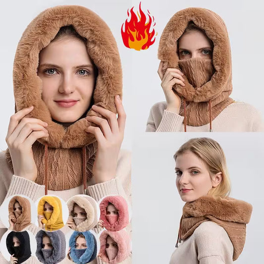 Collage of a woman wearing a brown fur-lined hood with flame icon above, surrounded by color swatches.