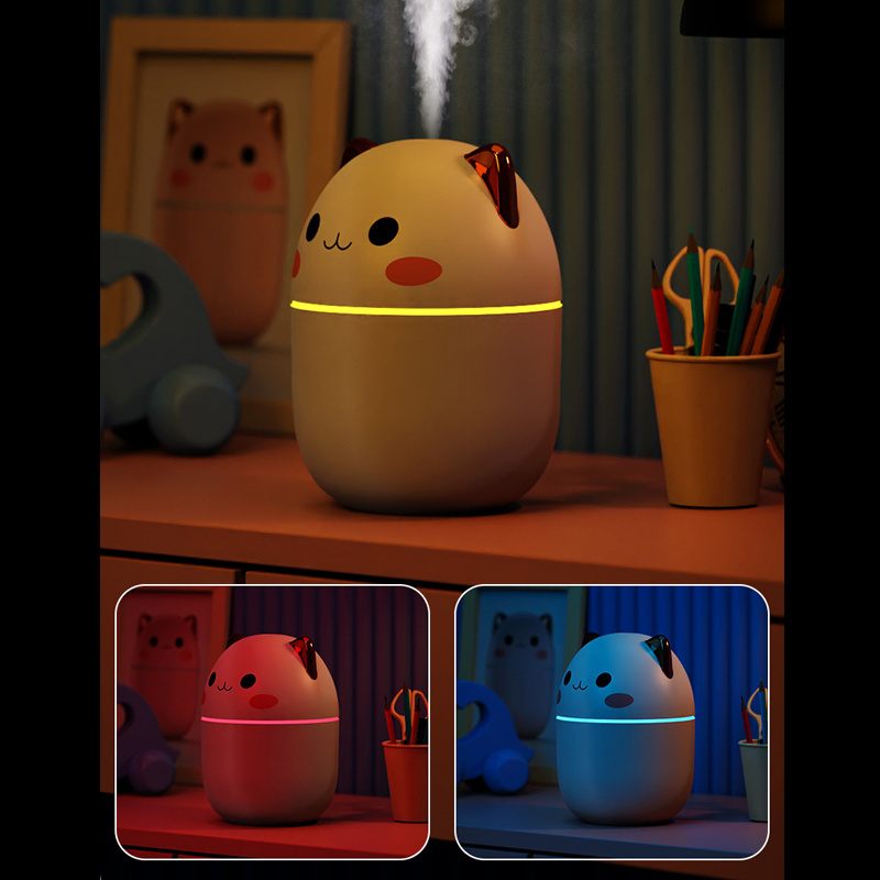 Cute animal-shaped humidifier on a shelf with inset images showing different color options.