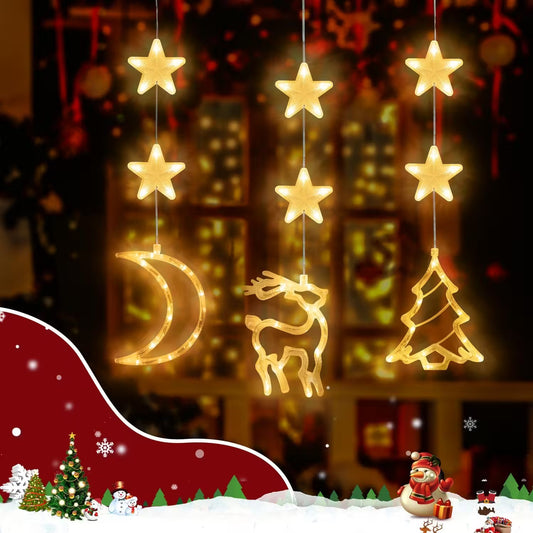 Decorative string lights shaped like stars, moon, reindeer, and tree with a festive background.