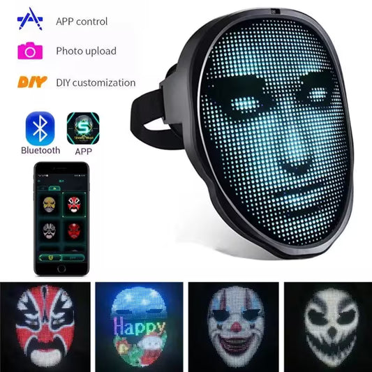 LED mask with smartphone app control and customization options on a white background