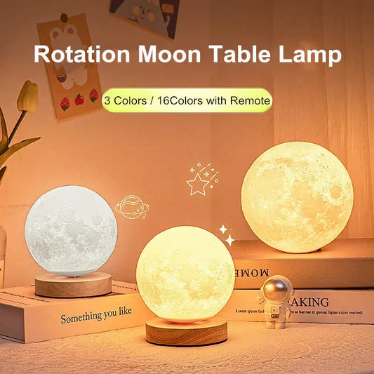 Three moon-shaped table lamps with different color options on a wooden surface.
