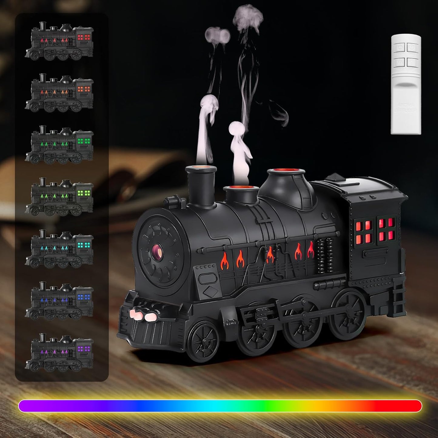 Toy train with colorful LED lights on a wooden surface