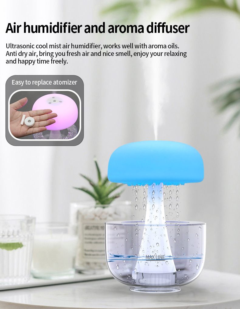 Air humidifier and aroma diffuser with blue top and clear base on a white surface.