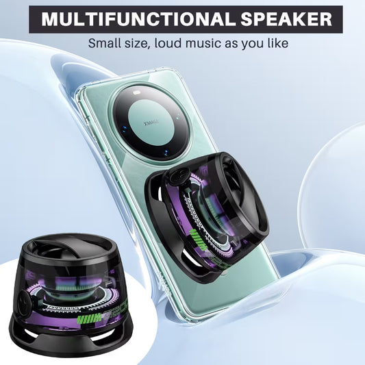 Multifunctional speaker with smartphone on a light blue background