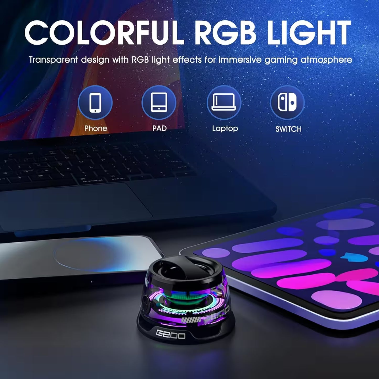 Transparent RGB light device with smartphone and laptop on a dark background